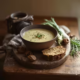 a bowl of soup and bread are sitting on a table