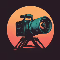 the silhouette of a camera set up in front of a sunset