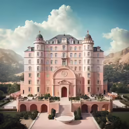 large pink castle located on the hills and surrounded by trees