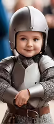 little girl dressed in a knights costume on a street