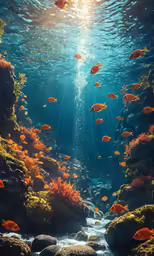 the sun shining into a fish pond with bright lights
