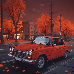 an old red car on a road in the fall,a red car that is parked in front of a stop sign