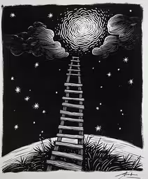 a drawing depicting steps to the sky with clouds,an illustration of a tall tower on top of a mountain with stars