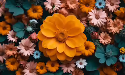 an overhead view of a yellow flower surrounded by colorful flowers