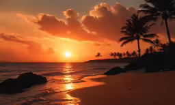 an ocean scene with palm trees and a sunset
