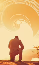 a man looking at the sun with rings in the sky