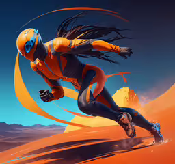 a person in a race suit is racing on the desert,a woman with long hair in an orange and black outfit running through the desert