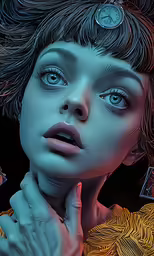 a woman has a clock on her head and looks up