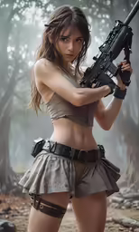 an attractive brunette in grey skirt with her gun