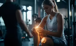 young woman using wrist strap in gym while working with knee