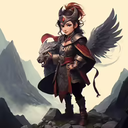 an illustration of an elf on top of a mountain with a wolf