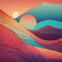 an abstract landscape with a mountain and sky in the background,a stylized illustration of mountains, sunset, and sun