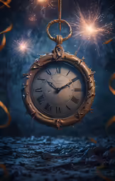 a clock with firework and fireworks in the sky