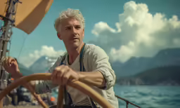 a man is sitting on a boat holding the handle