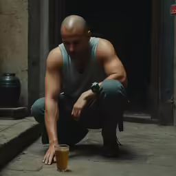 a man squatted next to an empty cup and a metal can