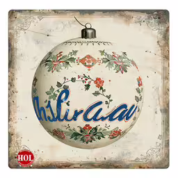 an old fashioned christmas ornament with the word christmas,a vintage metal christmas ball sign is hanging from a rope