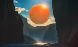 a photo taken through two sides of a mountain looking at a large orange ball flying between two rocks