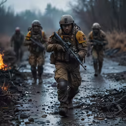 soldiers with guns walking down the path while going through smoke