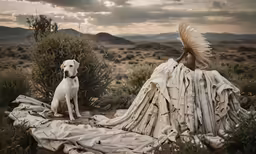 a white dog is sitting in front of an old blanket