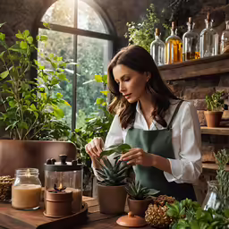 a woman standing at the counter holding potted plants
