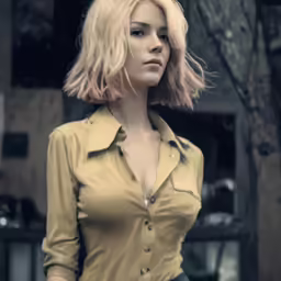 this is a female model with blonde hair wearing a shirt