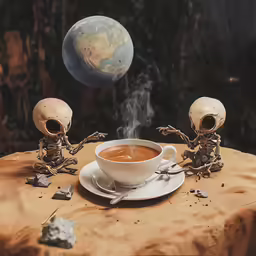 a cup of coffee with three alien dolls on top
