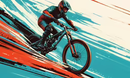 a bike rider rides in the middle of a large blue and red background