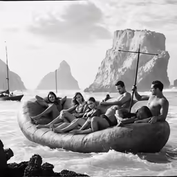a group of people sitting on top of a raft floating in the water