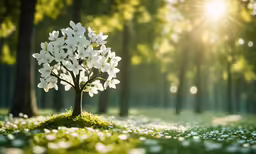 a white tree sits in the middle of a green field