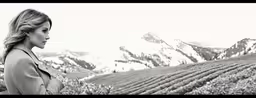 black and white photo of woman with mountains in background