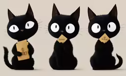 three black cats dressed in halloween costumes with tags in their teeth