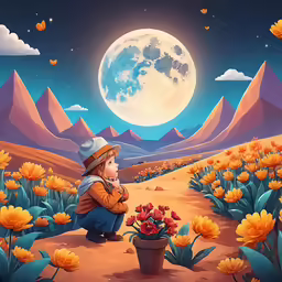 a painting of a little boy standing by a flower pot