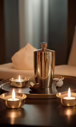 a large, shiny bowl with candles and some tea lights