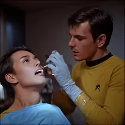 the woman is having her teeth checked by the doctor
