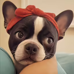 a small black and white dog with a red headband on its head
