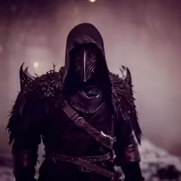a man dressed in black with a mask, hood and large wings