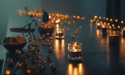 candles are arranged in rows on a long table
