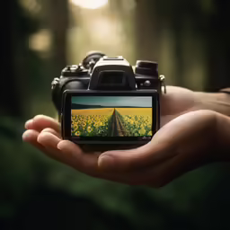someone holding a camera in their hand and the image shows a field with flowers