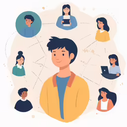 a cartoon picture of a person surrounded by many different people