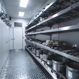 large shelves filled with pots, pans and pans
