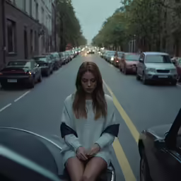 a girl sitting in the back seat of a car