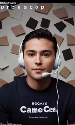 a man with a headset sits in front of corks