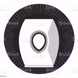 an abstract image of the symbol for the toilet,a toilet paper roll is in the middle of a circle with a drop of water on it,a black and white circle with a hole in the middle with an pin inside it,a paper towel roll with the shape of an oval,a black and white illustration of a white paper towel