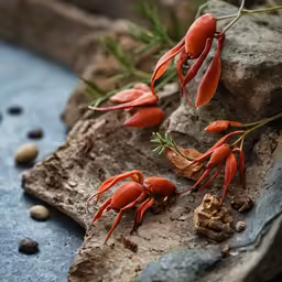 several red crabs in some water near rocks
