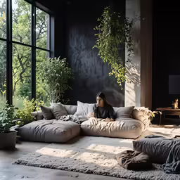 a woman sitting on an oversized, circular seating couch by a window