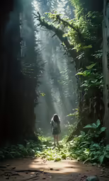 a girl in a backpack standing in the forest