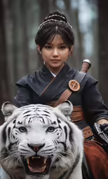 a woman riding a tiger is in front of a white tiger