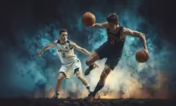 two men playing a game of basketball against each other