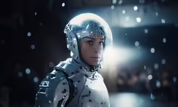 a man dressed in white armor and helmet with light shining on the ground