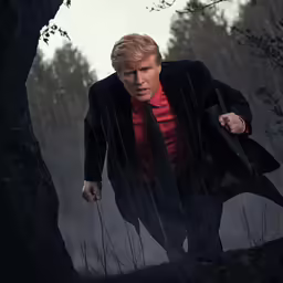 a male in a red shirt and black jacket on a tree